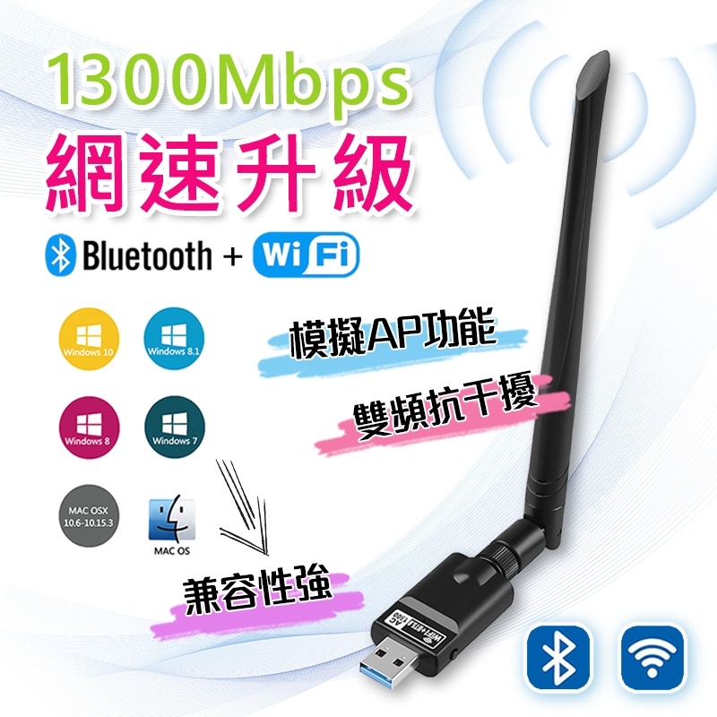 【台灣出貨🚴】雙頻WIFI 5G 免驅 1300M免驅 雙頻網卡 藍牙+WIFI發射接收器 USB無線網卡 台灣瑞昱晶片