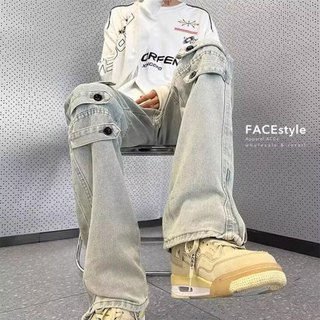 FACEstyle【2色】美式嘻哈時尚牛仔褲 街頭風工裝褲工裝 直筒褲 拖地褲 小眾設計牛仔褲「TJ3798」
