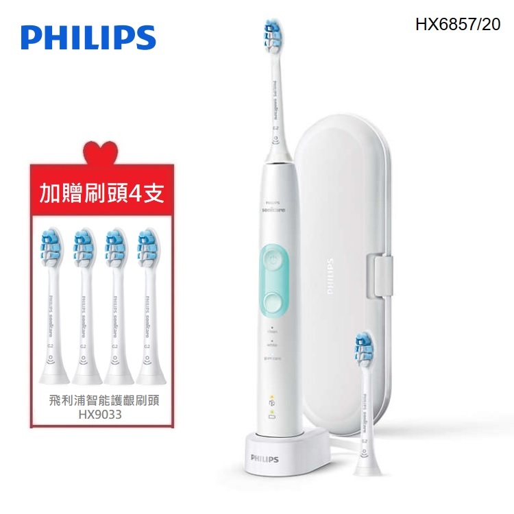 【贈刷頭四入】PHILIPS 飛利浦 Sonicare 智能護齦音波震動牙刷 HX6857/20 晶綠白