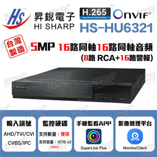 <台灣現貨 快速出貨-新版>HI SHARP昇銳電子HS-HU6321監控主機_16路同軸8路聲音16路警報『台灣製造』