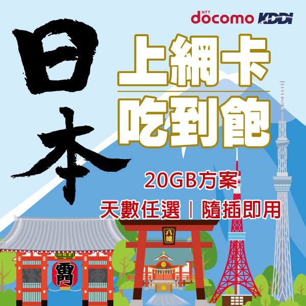 🇯🇵日本上網每天20GB【docomo／KDDI】SIM卡 吃到飽 天數1~10天任選、隨插即用