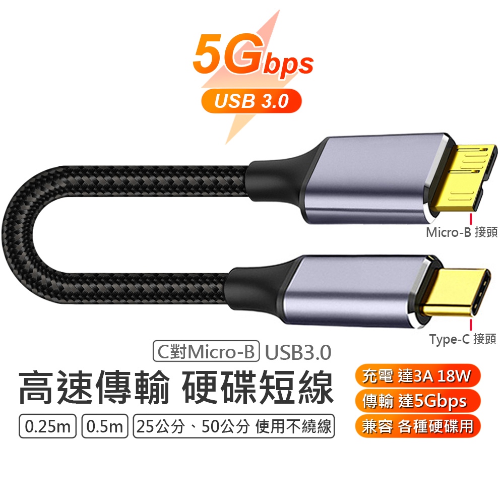 Micro-B Type-C USB 3.0 硬碟 高速 傳輸 短線 編織線 5Gbps 適用於 三星 WD 威剛 創