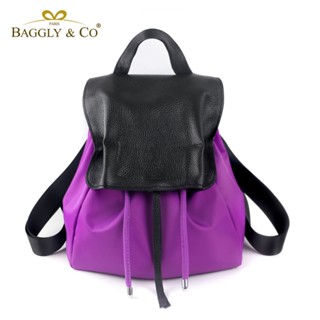 【BAGGLY&CO】俏麗洋裝真皮尼龍潑水後背包 輕量 防潑水後背包 防刮 降落傘布料 後背包 水桶後背包 綁帶後背包