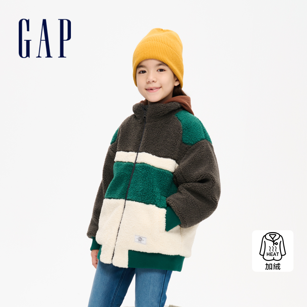 Gap 女童裝 Logo仿羊羔絨立領外套-綠色拼接(841096)