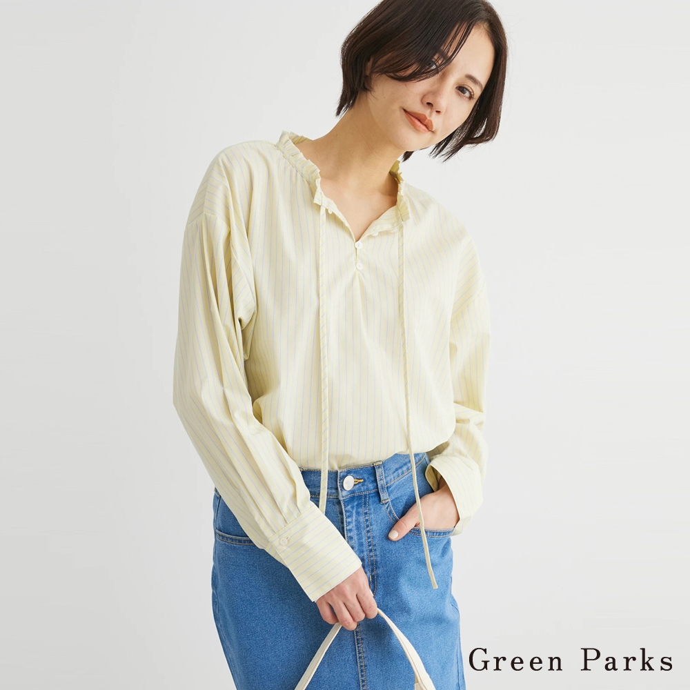 Green Parks 立領荷葉邊綁帶素面/條紋襯衫上衣(6A41L0A0200)