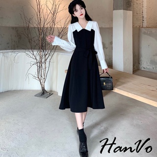 【HanVo】法式時尚氣質拼接設計洋裝 溫柔質感親膚柔軟中長裙 韓系女裝 女生衣著 3699