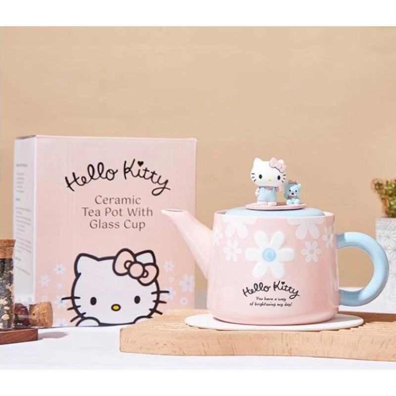 全新Hello Kitty陶瓷立體茶壺附玻璃茶杯組