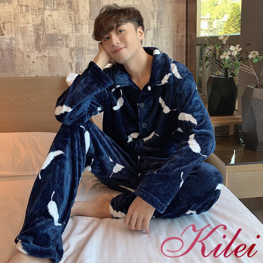 【Kilei】男睡衣 保暖睡衣 套裝睡衣 男款羽毛印花襯衫式水貂絨長袖二件式睡衣組XA4368-01(藏藍羽毛色)大尺碼