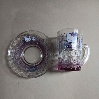 [合售] 早期全新的 2001年Hello Kitty 日本製 北海道限定 浮雕玻璃杯 茶杯 禮物 咖啡杯盤組 絕版珍藏