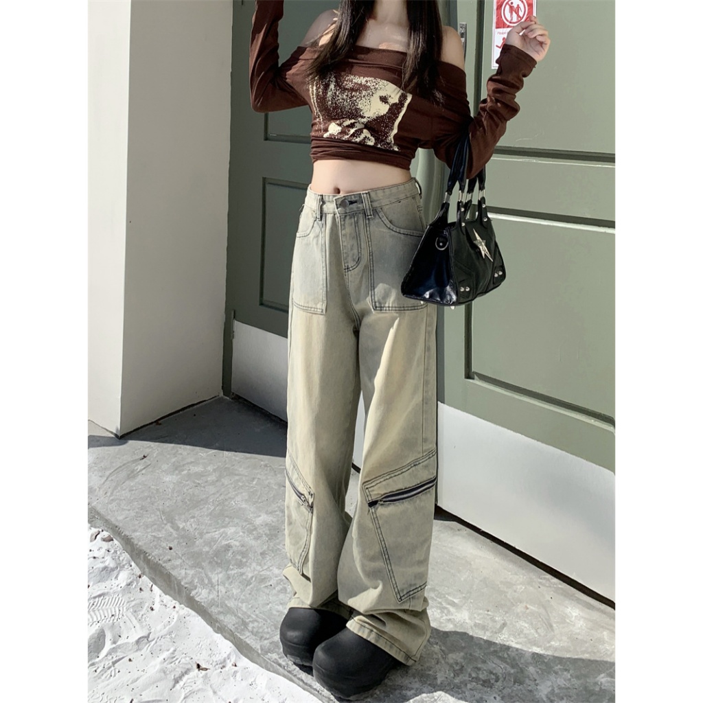 復古 直筒 水洗 做舊 工裝褲 高腰 顯瘦 牛仔褲子 女 長褲子 女生衣服 水洗 鬼洗 古著 美式 復古 工裝褲 工作褲