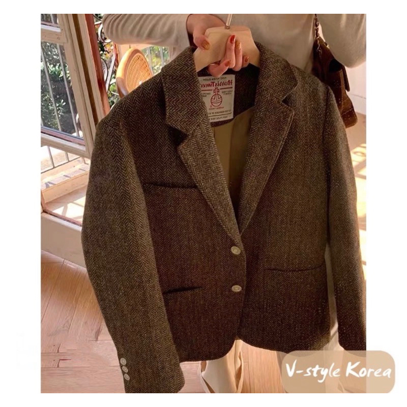 轉賣韓國代購-Harris Tweed粗花呢人字紋羊毛西裝外套