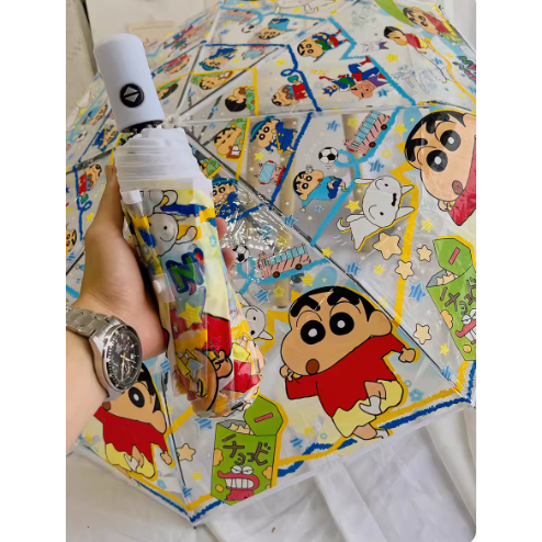 蠟筆小新透明雨傘三折傘全自動網紅直柄傘可愛折疊兒童成人加厚女