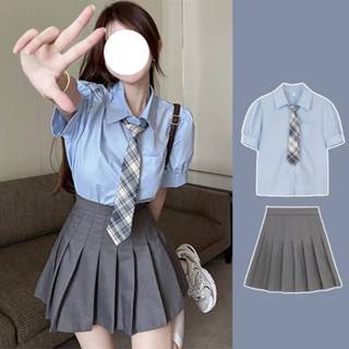 韓版 IVE表演服 可愛成套學生服 藍色公主袖短袖襯衫+領帶+灰色百褶裙短裙 兩件式套裝 公主袖襯衫jk襯衫水手服
