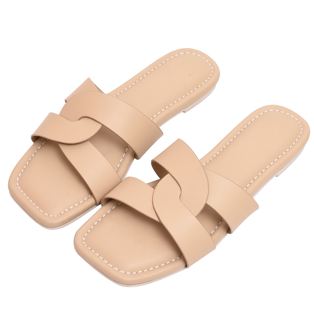 ANNSTAR MEIMEI聯名-法式優雅弧線造型平底涼拖鞋-杏