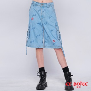 BLUE WAY ET BOiTE 箱子 - 女款 鳶尾繡花LOGO文字丹寧六分褲(淺藍)