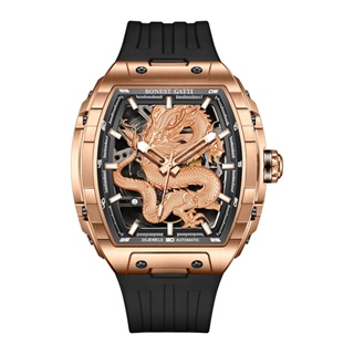 BONEST GATTI布加迪 生肖款 龍年玫金 酒桶造型 黑色氟橡膠錶帶 自動上鍊機械腕錶