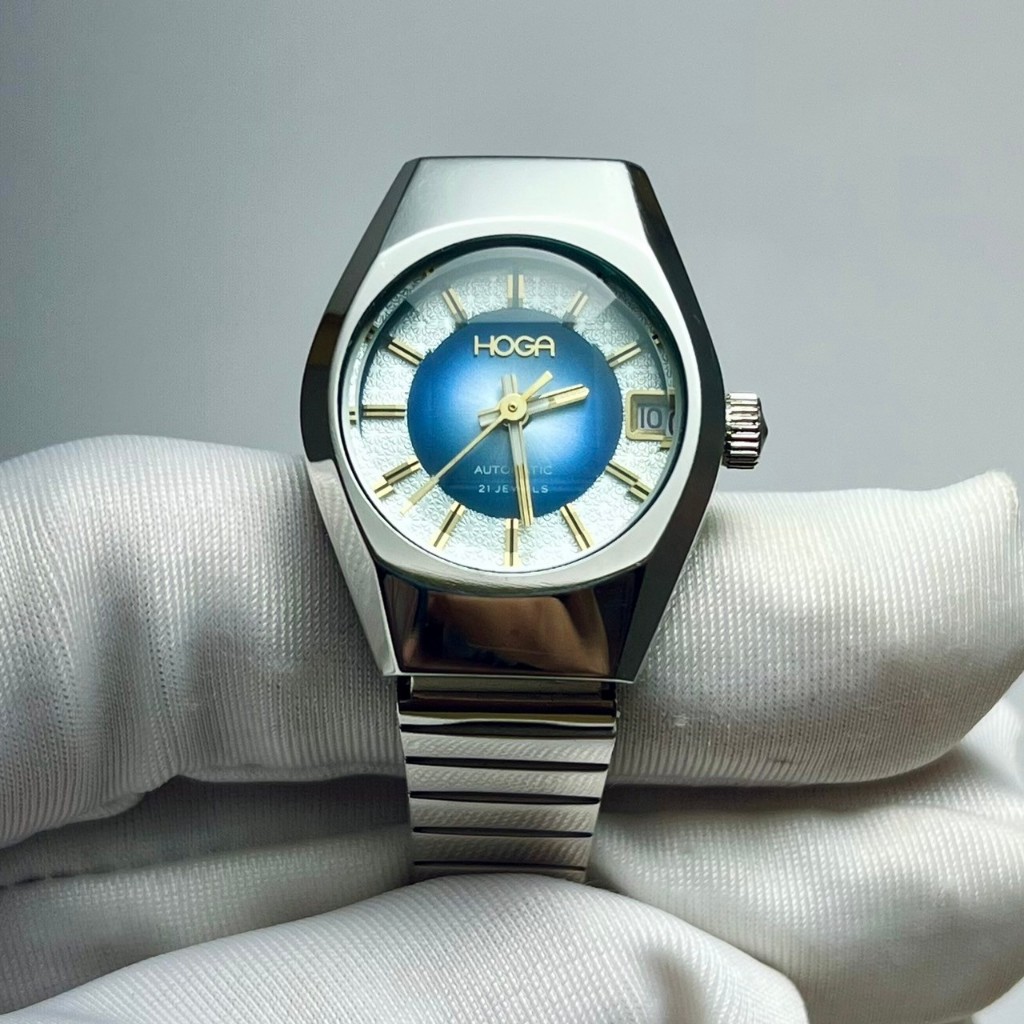 全新 絕美 HOGA 瑞士 SWISS 自動錶 早期老錶 古董錶 仕女錶 手錶 銀色 漸層藍 金 復古 簡約