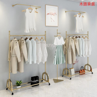 【免運】衣架桿 可移動帶輪 雙層掛衣架桿 服裝店展示架 臥室晾曬肉架落地婚紗龍門架 曬衣架 衣帽架