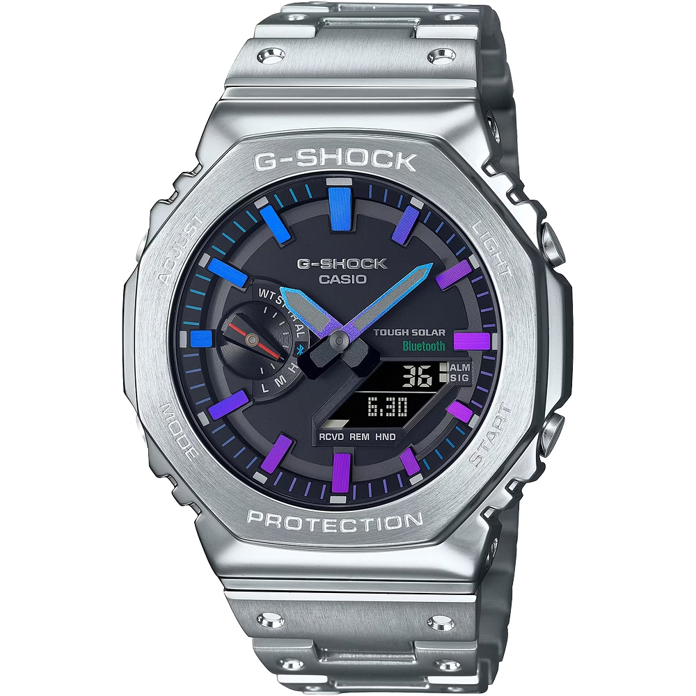 CASIO 卡西歐 G-SHOCK 八角 農家橡樹 彩虹光譜 太陽能藍芽雙顯手錶-百搭銀 GM-B2100PC-1A