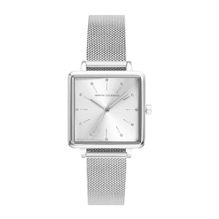 【Armani Exchange】A|X系列 銀色 水鑽 方型 不鏽鋼米蘭錶帶 AX5800