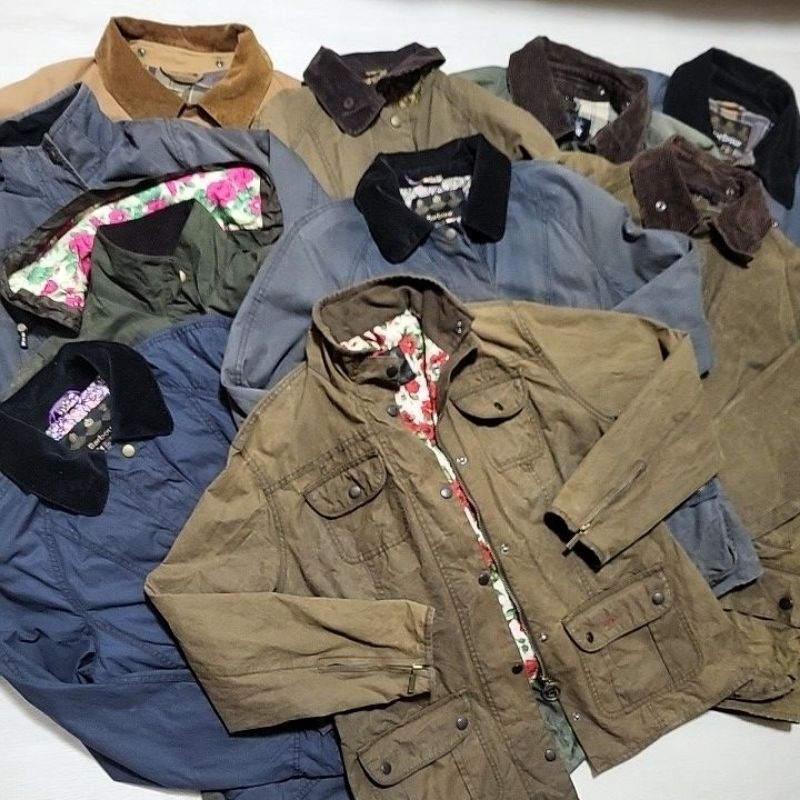 日本 古着 英國 Barbour 老牌 油布外套 LIBERTY 百貨 聯名 玫瑰花布 立領 咖啡色