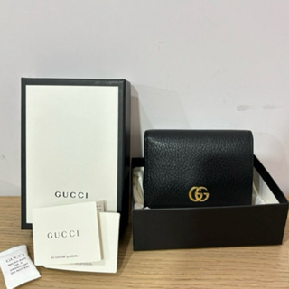 GUCCI 雙G 經典logo 荔枝紋牛皮黑色短夾/皮夾/錢包