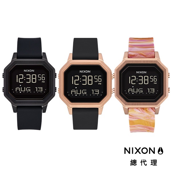 NIXON SIREN SS 粉紅大理石 黑色 玫瑰金框 黑框 膠錶帶 方形 電子錶 手錶 男錶 女錶 A1211