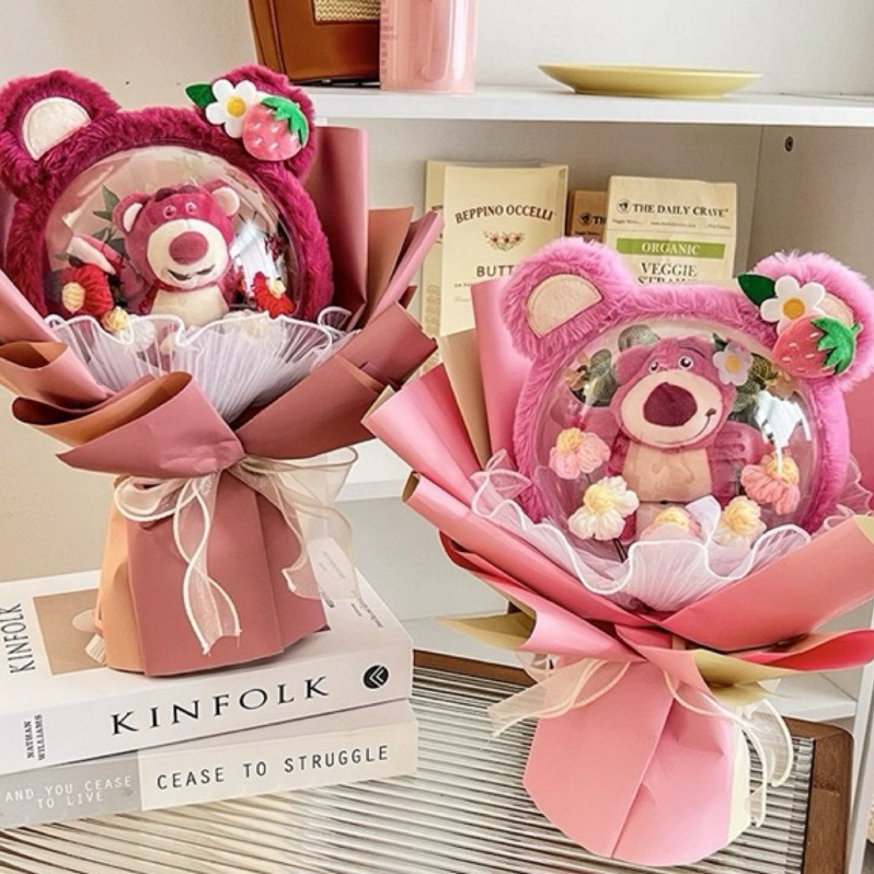《Jane store》現貨‼️草莓熊 熊抱哥 乾燥花花束 玩偶 創意花束 情人節花束 生日花束 禮盒 禮品 發光花束