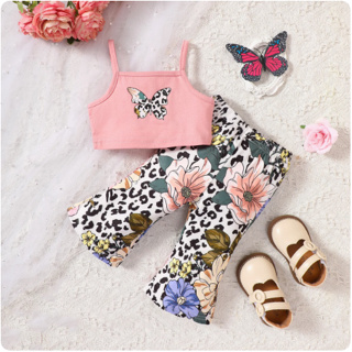 韓國嬰幼兒女寶寶夏季款吊帶蝴蝶印花短上衣滿印長褲套裝