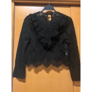 ZARA黑色浪漫蕾絲刺繡荷葉長袖上衣
