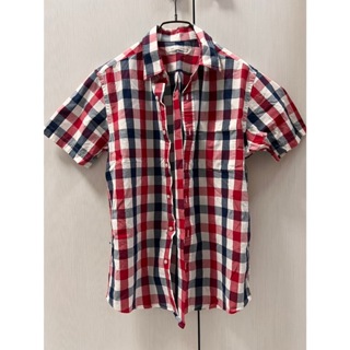 (全新)Lativ 男大人男童方格短袖襯衫 紅／藍綠 size：S