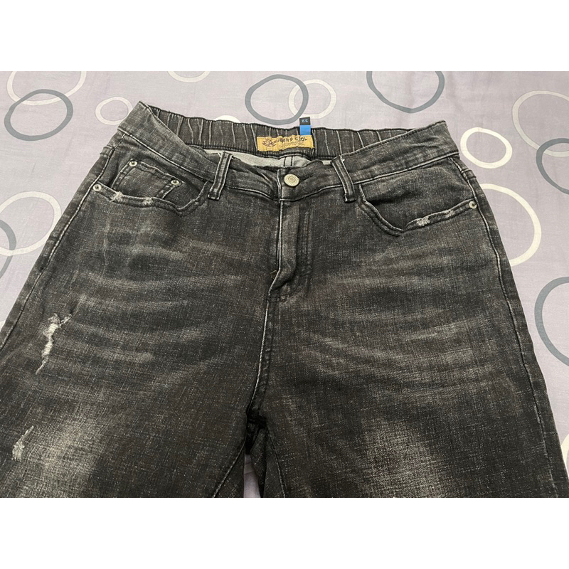 小胡子牛仔JEANS COOL 水洗黑灰  補丁割破 刷白 棉質彈力 牛仔長褲