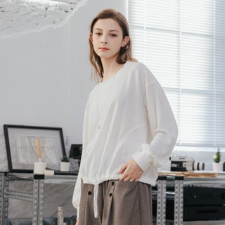 【CUMAR】下襬抽繩拼接坑條針織圓領長袖上衣 白 杏