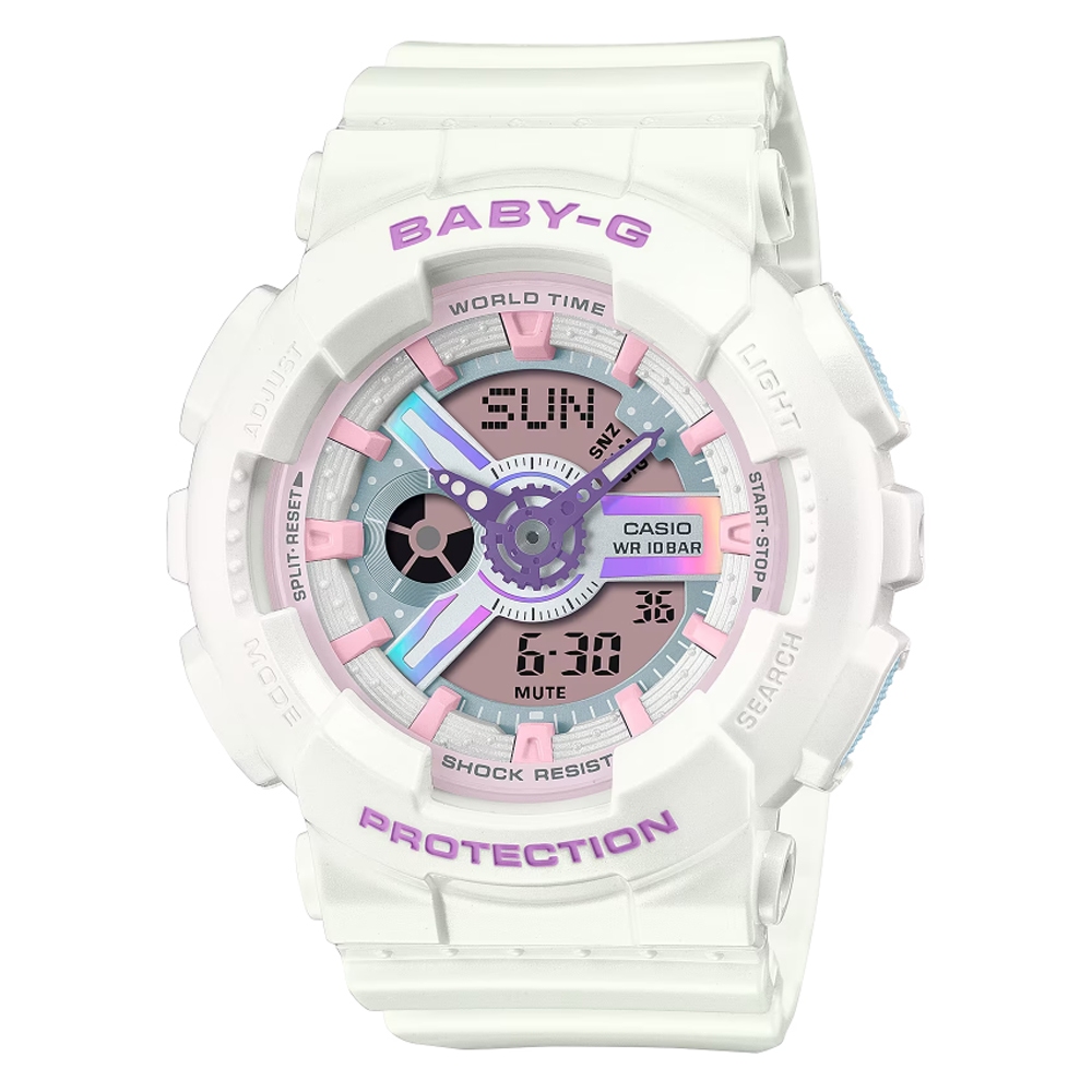 CASIO 卡西歐(BA-110FH-7A) BABY-G 未來風 夢幻偏光色彩 Y型構造雙顯錶-珠光白