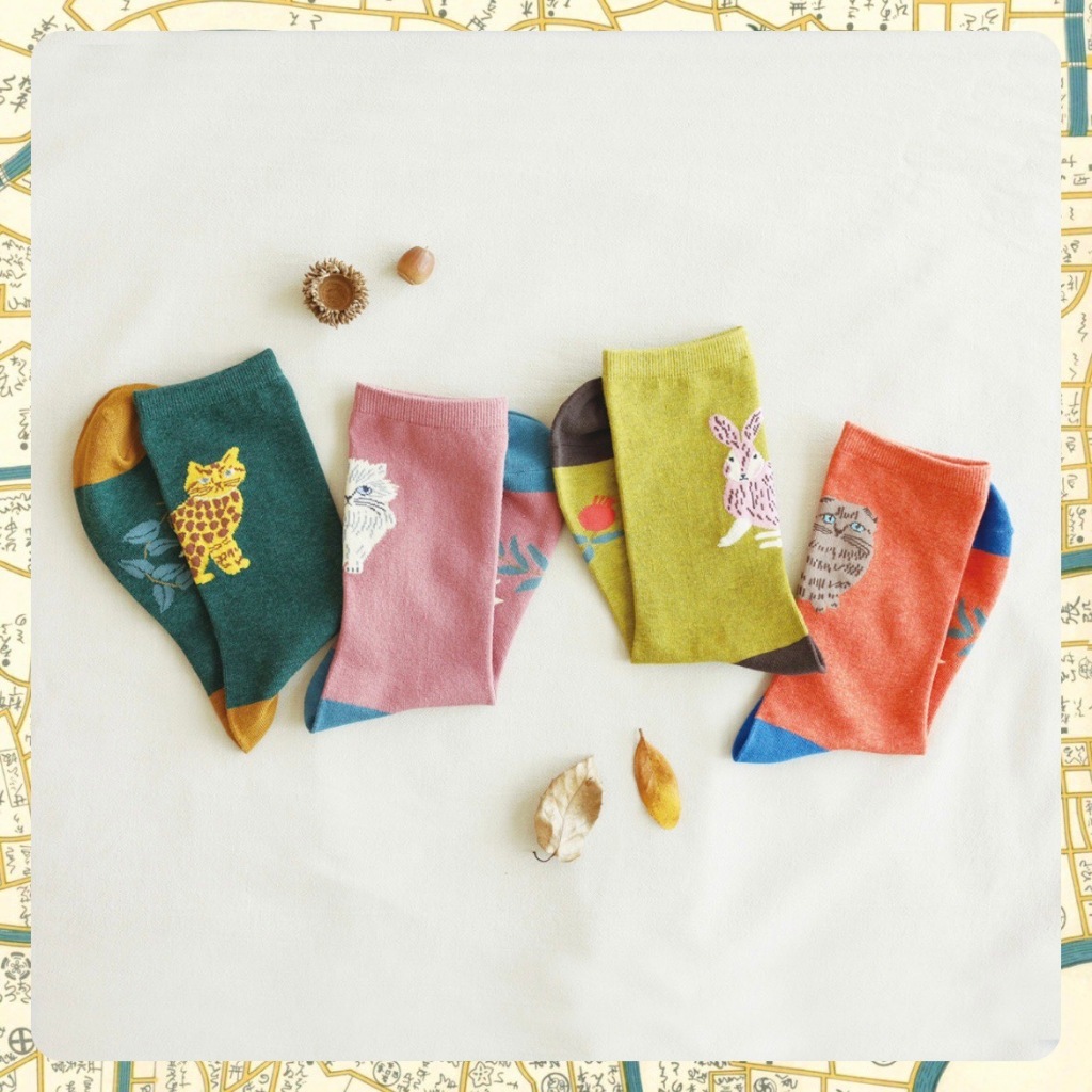 《小巴趴趴造》現貨有發票！日本正版～松尾ミユキ / 松尾美雪 繪本風動物襪 小腿襪 襪子 貓咪 動物_短襪