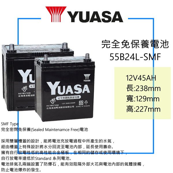 ❤️全新現貨❤️ YUASA 湯淺電池 完全免保養 46B24L 加強版 55B24L - SMF 汽車電池