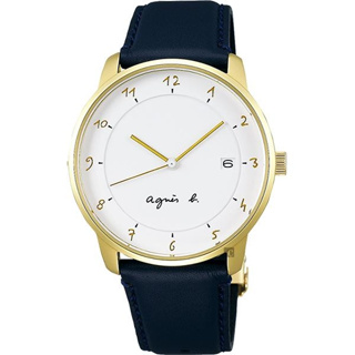 agnes b. 法國時尚簡約手錶-白x金框x藍/38mm BS9005J1/VJ42-KZ30B