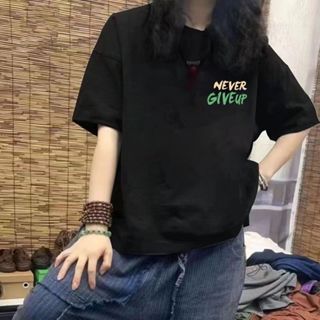 伊人衣舍 100%純棉 短袖T恤女 夏季衣服 爆款 字母t 印花 上衣 T恤女 寬鬆圓領上衣 ins 風衣服 寬鬆長版短