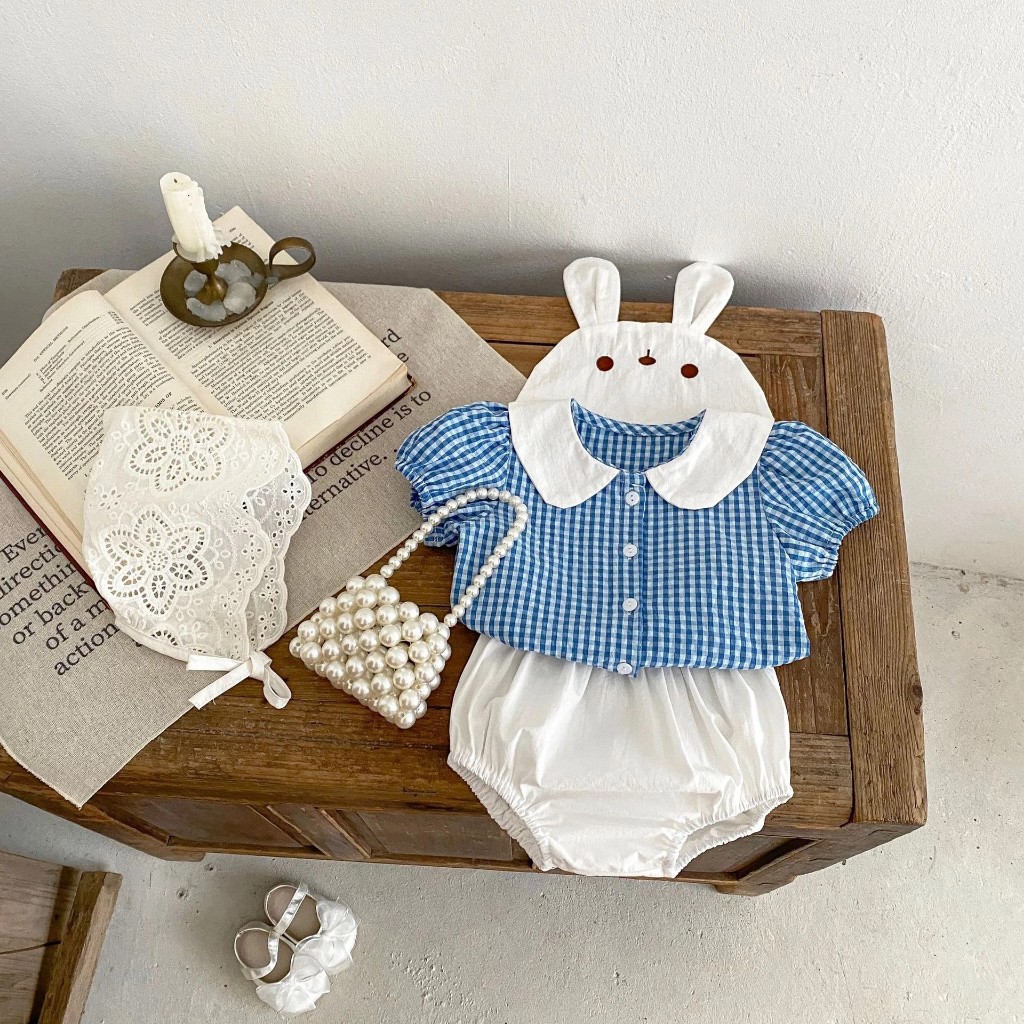 小兔兔🐰🐰格紋泡泡袖套裝(三件套)