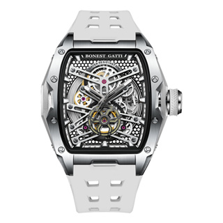 BONEST GATTI | 原廠授權布加迪 銀黑鏤空面盤 酒桶造型 白色氟橡膠錶帶 自動上鍊機械腕錶