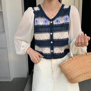 胖胖美依 上衣 針織衫 短款 防曬衣 新款法式襯衫女設計感鏤空鉤花拼接雪紡長袖上衣1F022-359.