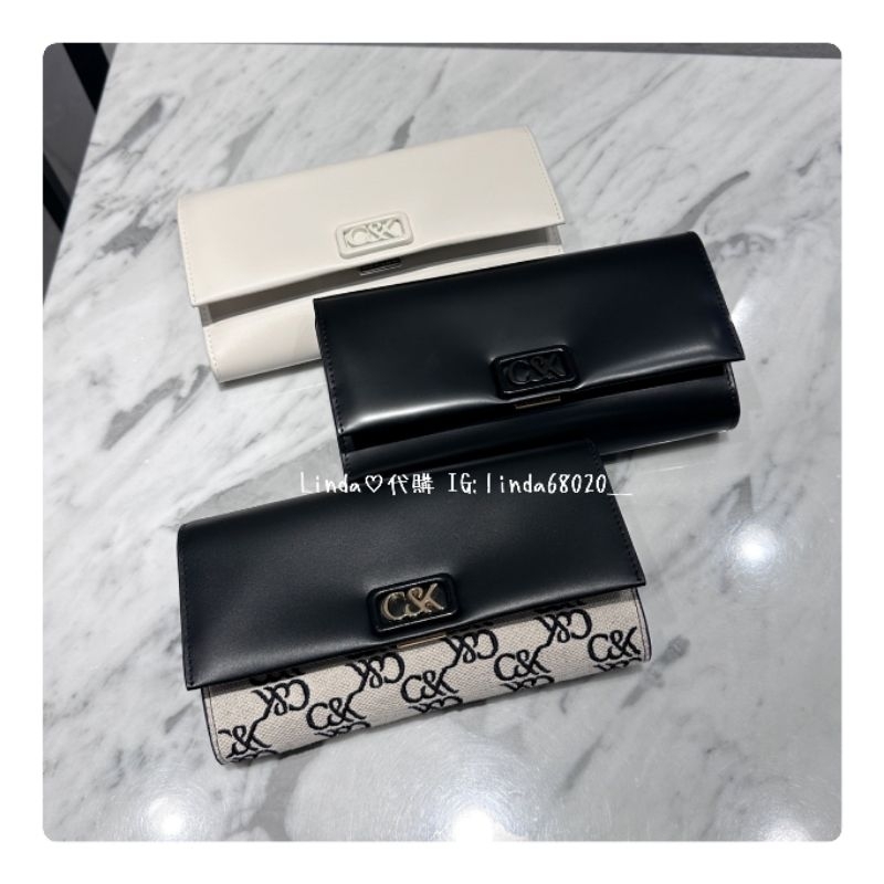 Linda❤️代購 拼接Charles &amp; Keith 小CK 鍊帶真皮 長夾 黑 白 斜紋布 SL6-10681125