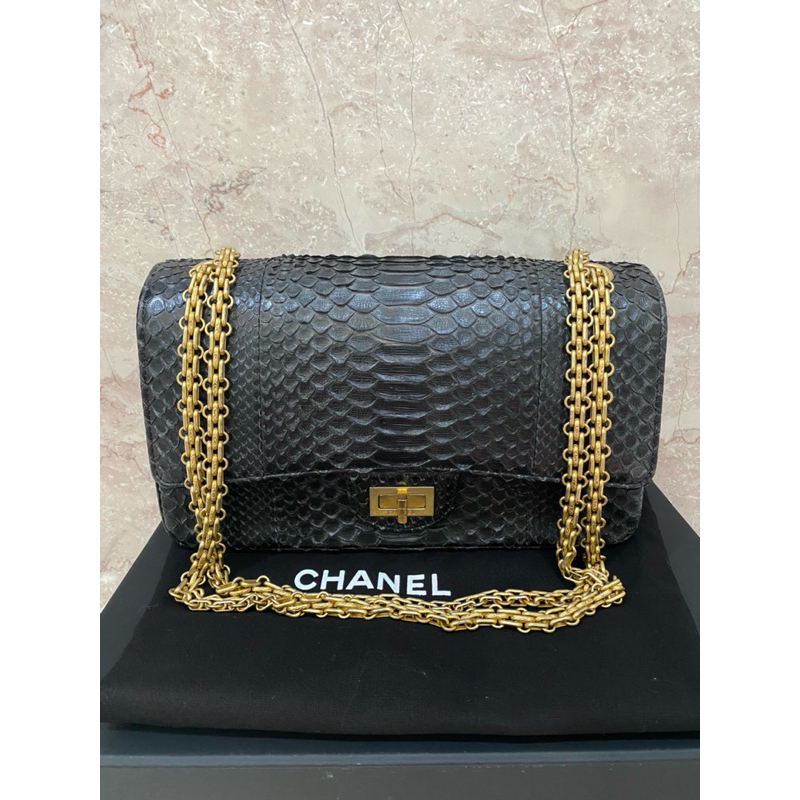 正品 真品 Chanel 黑色 絕版 珍稀皮革 蛇皮 蟒蛇 2.55 復刻 金釦 coco
