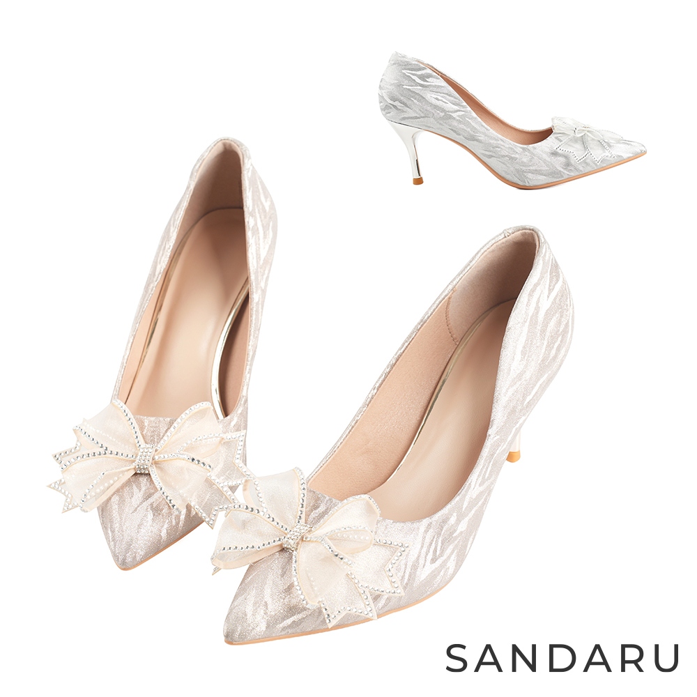 山打努SANDARU-跟鞋 蕾絲造型蝶結珠光高跟包鞋