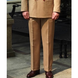 GD-C質感棕黃色魚骨紋100%羊毛義式那不勒斯紳士高腰雙褶西裝褲/長褲