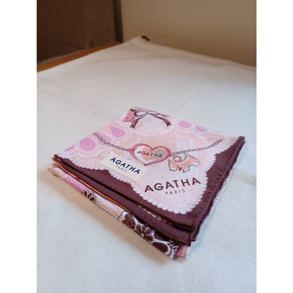 AGATHA PARIS  ♥法國品牌♥  粉色素面  拼接巴黎鐵塔  純棉  手帕 (日本製)