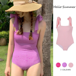 Hello Summer現貨快速出貨❤️網紅蝴蝶結綁帶連身泳衣波浪紋泳衣韓版 7224