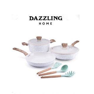 DAZZLING HOME陶瓷不沾鍋具8件組（lH、電磁爐適用，平底鍋/湯鍋/炒鍋/玻璃蓋/廚具