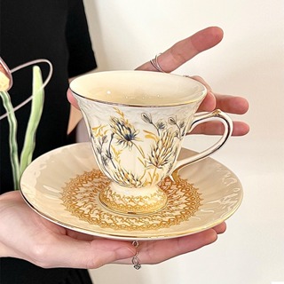 法式復古金麥穗下午茶 杯盤組 歐式咖啡杯盤組 下午茶水杯 茶杯組禮盒 vintage中古咖啡杯碟 骨瓷金色陶瓷杯附勺杯子