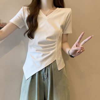 胖胖美依 短袖上衣 上衣 T卹 中大尺碼S-XL夏裝不規則褶皺收腰短袖粉色純棉t卹1F120-1173.